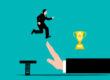 Illustration du tremplin indépendant par un homme qui rebondit vers un trophée