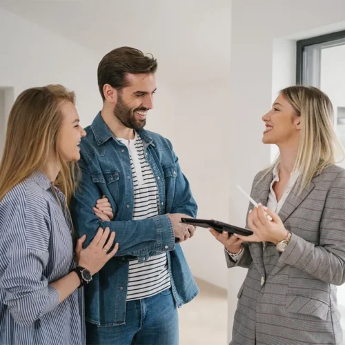 Agent immobilier faisant visiter un appartement à un couple