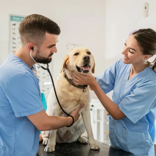 Deux vétérinaires qui soignent un chien de race labrador
